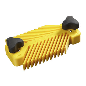 Yellow magnetic featherboard woodworking tool with black adjustment knobs for table saw safety