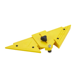 Yellow adjustable woodworking hold down jig with knob and guide, isolated on white background