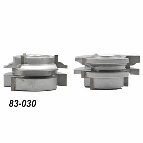 Two stacked woodworking shaper cutter heads with carbide blades, model 83-030, isolated on white.