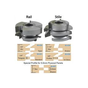 Woodworking rail and stile router cutter sets with diagram of ogee, shaker, standard, and mission profiles for cabinet doors and plywood panels.