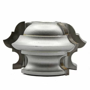 Silver industrial molding cutterhead for woodworking on a white background
