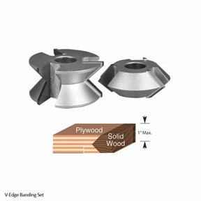 V-edge banding router bit set with diagram for joining plywood and solid wood edging
