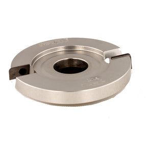 Steel woodworking shaper cutter head with two carbide cutting blades on white background
