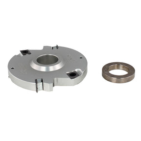 Carbide insert shaper cutter head and spacer ring for woodworking tools on white background