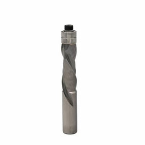Solid carbide spiral flush trim router bit for woodworking, isolated on white background.