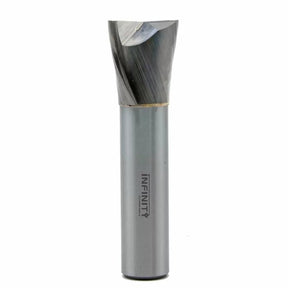 Carbide woodworking spiral router bit with engraved shaft on white background