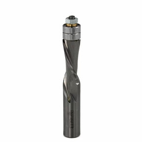 Spiral flush trim router bit with bearing for woodworking on white background