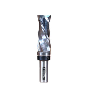 Carbide spiral router bit with sharp cutting edges for woodworking, isolated on white background