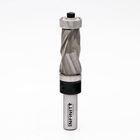Carbide spiral flush trim router bit with dual bearings for woodworking on white background