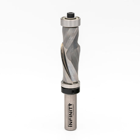 Solid carbide compression double bearing router bit for woodworking on white background