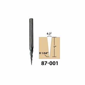 Spiral router bit with diagram showing 6.2° cutting angle, 1-inch depth, marked 87-001