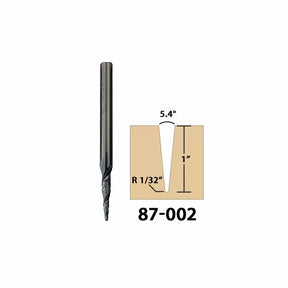 Carbide spiral router bit with diagram showing 5.4 degree flute angle and 1 inch cut depth