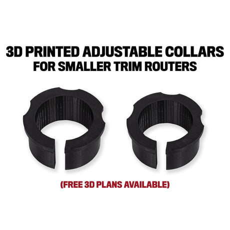 3D printed adjustable collars for smaller trim routers, woodworking tool accessories.