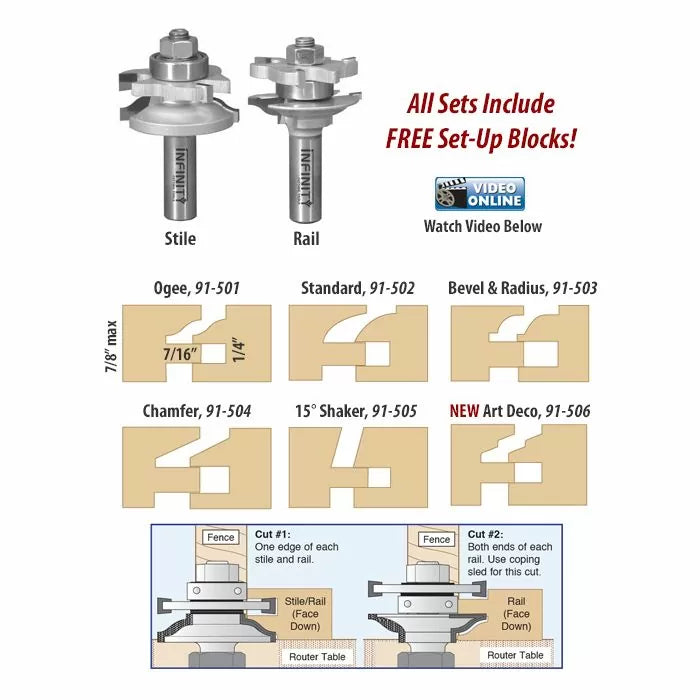 Rail & Stile Router Bits For Cabinet Doors, w/ Set-up Block