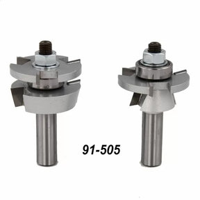 Two steel router bit sets with bearings on white background, labeled 91-505, woodworking tools