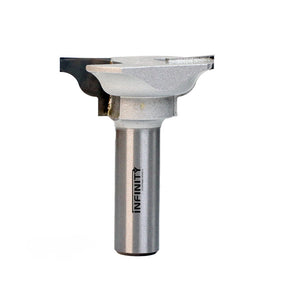 Large steel woodworking router bit with decorative edge profile on white background