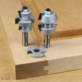 Three silver router bits for wood joinery, shown with a sample corner joint on wood.