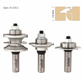 Ogee router bit set for woodworking with three metal bits and profile diagram, model 91-526.1