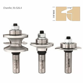 Three woodworking chamfer router bits with carbide tips for precise joinery cuts, labeled 91-526.4.