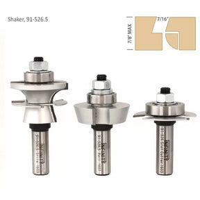 Shaker style router bit set for woodworking with three metal bits and joinery diagram.