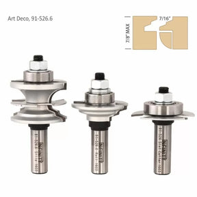 Art Deco router bits set for woodworking, profile cutters with metal shanks and diagram.
