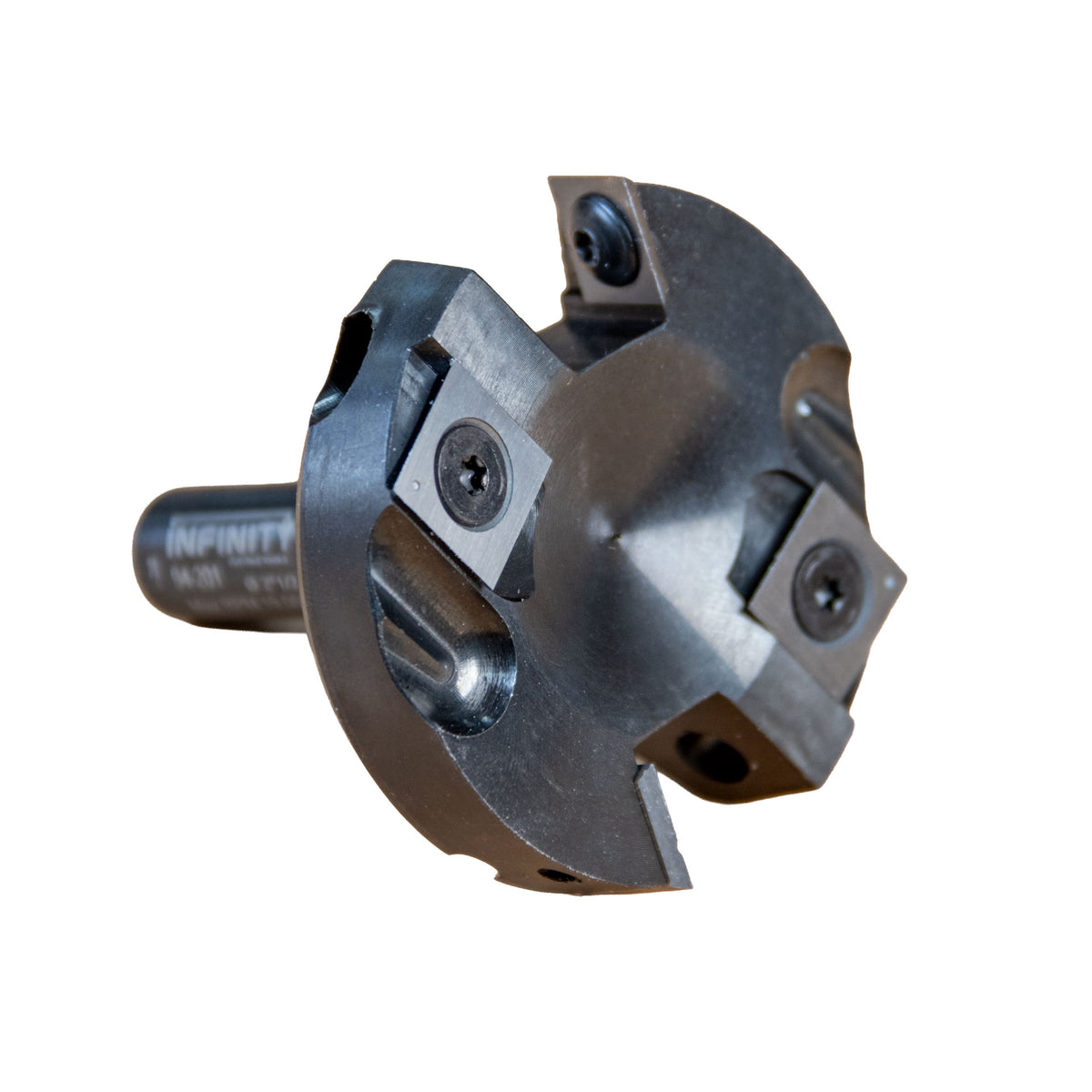 Infinity Tools Insert-Pro Spoilboard Surfacing and Rabbeting 2+2 Design Fly Cutter laying on its side showing the top of the router bit and blades.