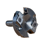 Infinity Tools Insert-Pro Spoilboard Surfacing and Rabbeting 2+2 Design Fly Cutter laying on its side showing the top of the router bit and blades.