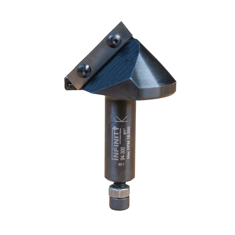 Infinity Tools Insert-Pro 91° Miterfold Router Bit front view with bolt and nut installed on a white background