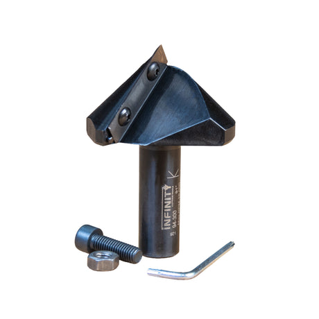 Infinity Tools Insert-Pro 91° Miterfold Router Bit front view on white background with bolt, nut and wrench.