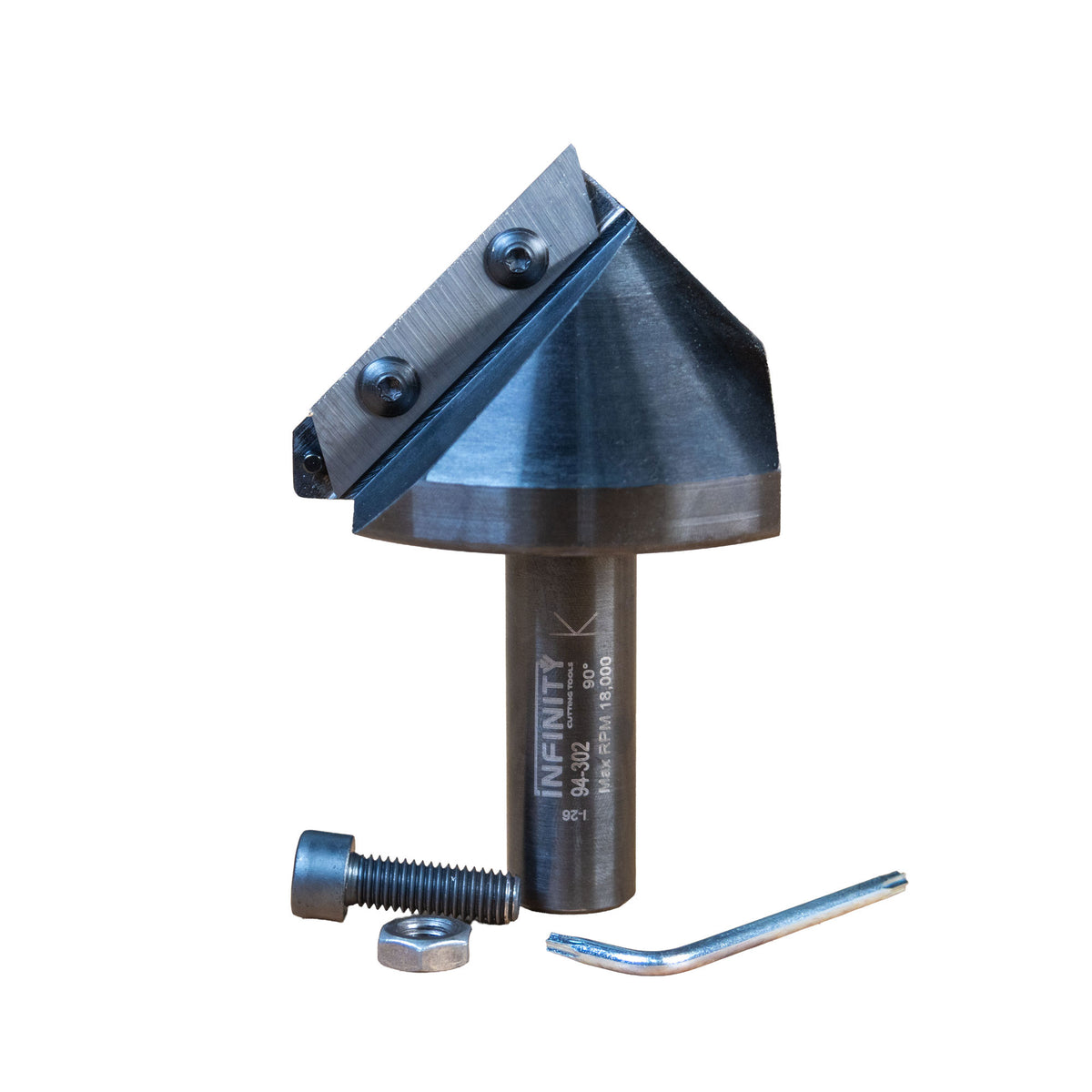 Infinity Tools Insert Pro 90 Degree V-Groove Router Bit Front with bolt, wrench, and nut.