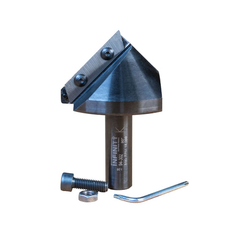 Infinity Tools Insert Pro 90 Degree V-Groove Router Bit Front with bolt, wrench, and nut.