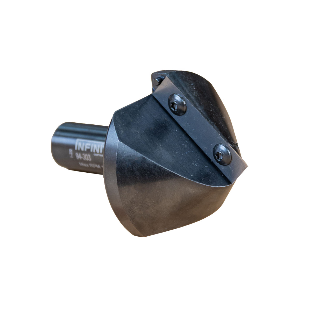 Insert Pro V-Groove 90 Degree Router Bit laying on its side at a three quarter angle showing the geometry of the bit.