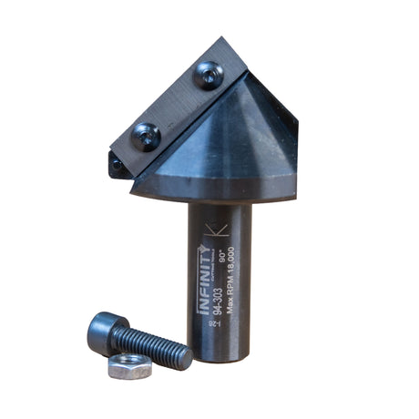 Insert Pro V-Groove 90 Degree Router Bit front on white background with bolt and nut.