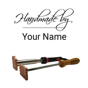 Custom woodworking branding irons with 'Handmade by Your Name' engraving, isolated on white background.