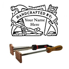 Custom woodworking branding irons with engraved heads and hand tools illustration backdrop