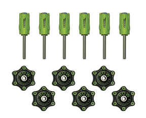 Pack of six green woodworking hold-down knobs and screws for jig or router table
