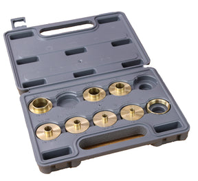 Brass router guide bushing set in gray plastic case for woodworking precision