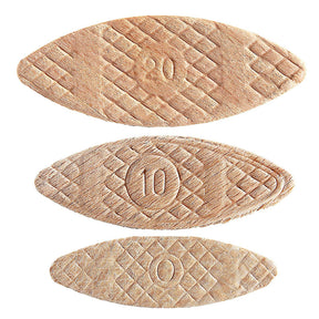 Three wooden biscuits for woodworking joinery, sizes 20, 10, and 0, with textured surface.