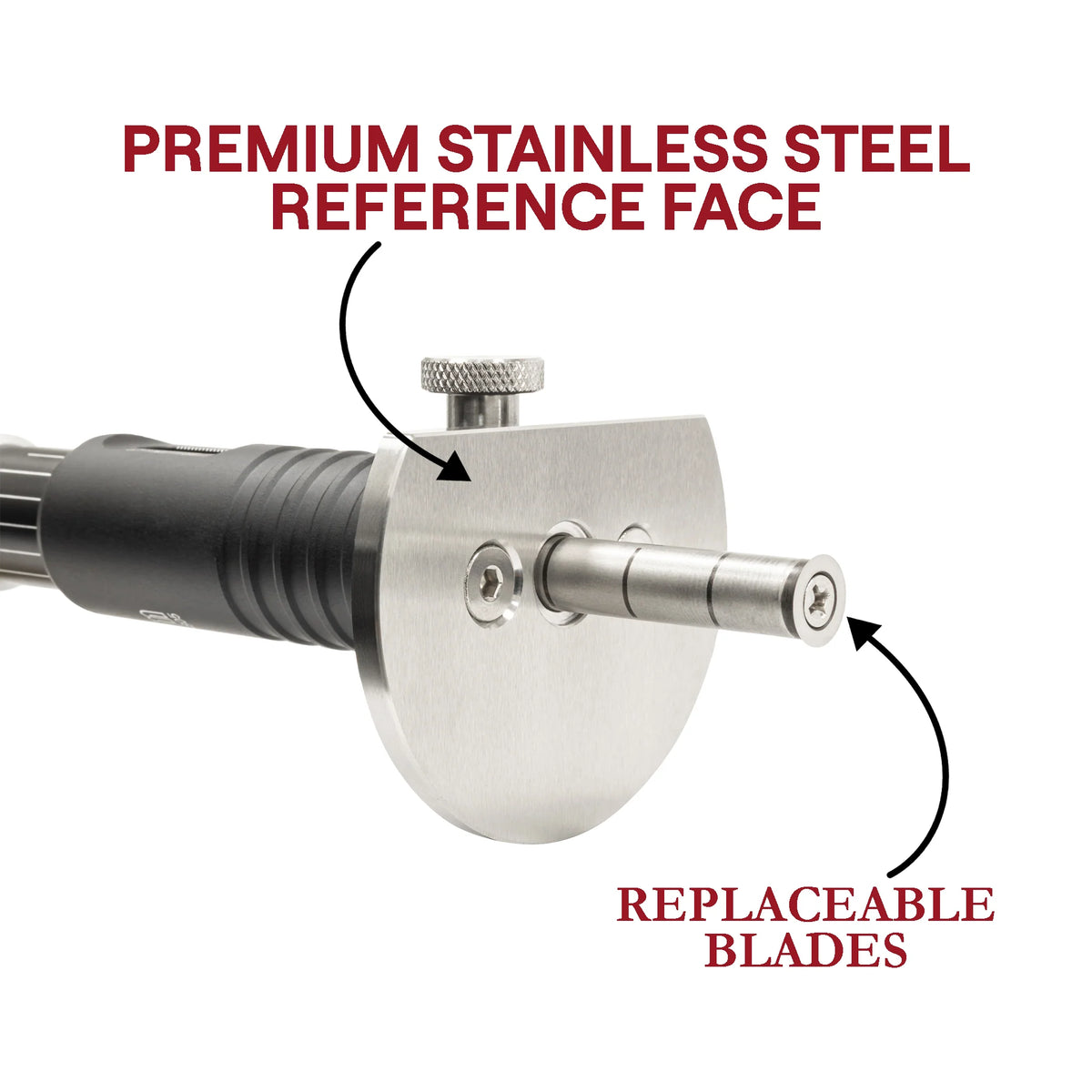 Feature graphic highlighting the JessEm Wood Sabre II marking gauge's stainless steel reference face and replaceable blades