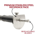Feature graphic highlighting the JessEm Wood Sabre II marking gauge's stainless steel reference face and replaceable blades
