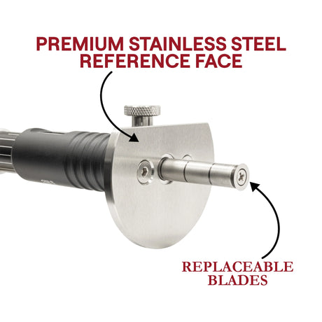 Feature graphic highlighting the JessEm Wood Sabre II marking gauge's stainless steel reference face and replaceable blades
