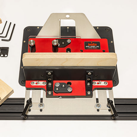 Woodworking router table with 'Joem' branding on a white background