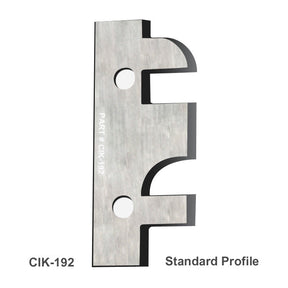 Standard profile CIK-192 molding cutter knife, steel blade with two mounting holes.