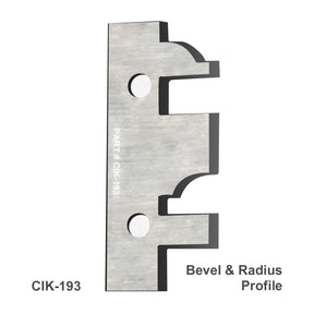 Replacement carbide insert knife CIK-193 with bevel and radius profile for woodworking planer or jointer.