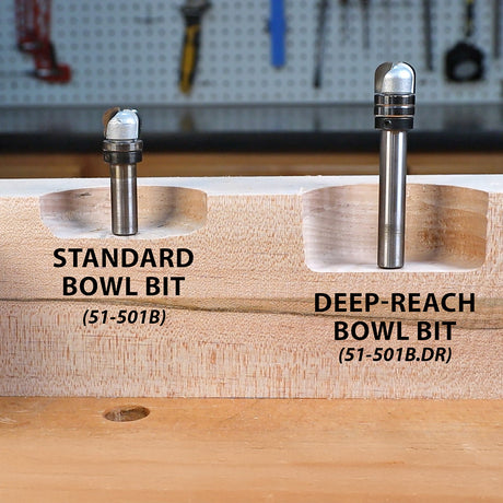 Standard bowl bit and deep-reach bowl bit for woodworking, side-by-side in wood sample