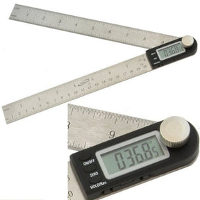 Digital angle ruler with stainless steel arms and LCD display for precise woodworking measurement