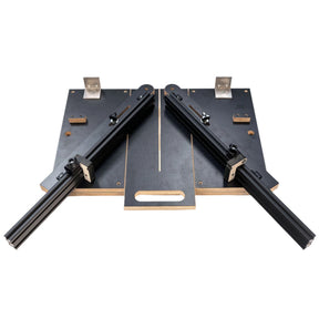 Easy angle miter jig for woodworking, adjustable black arms on a plywood base, white background