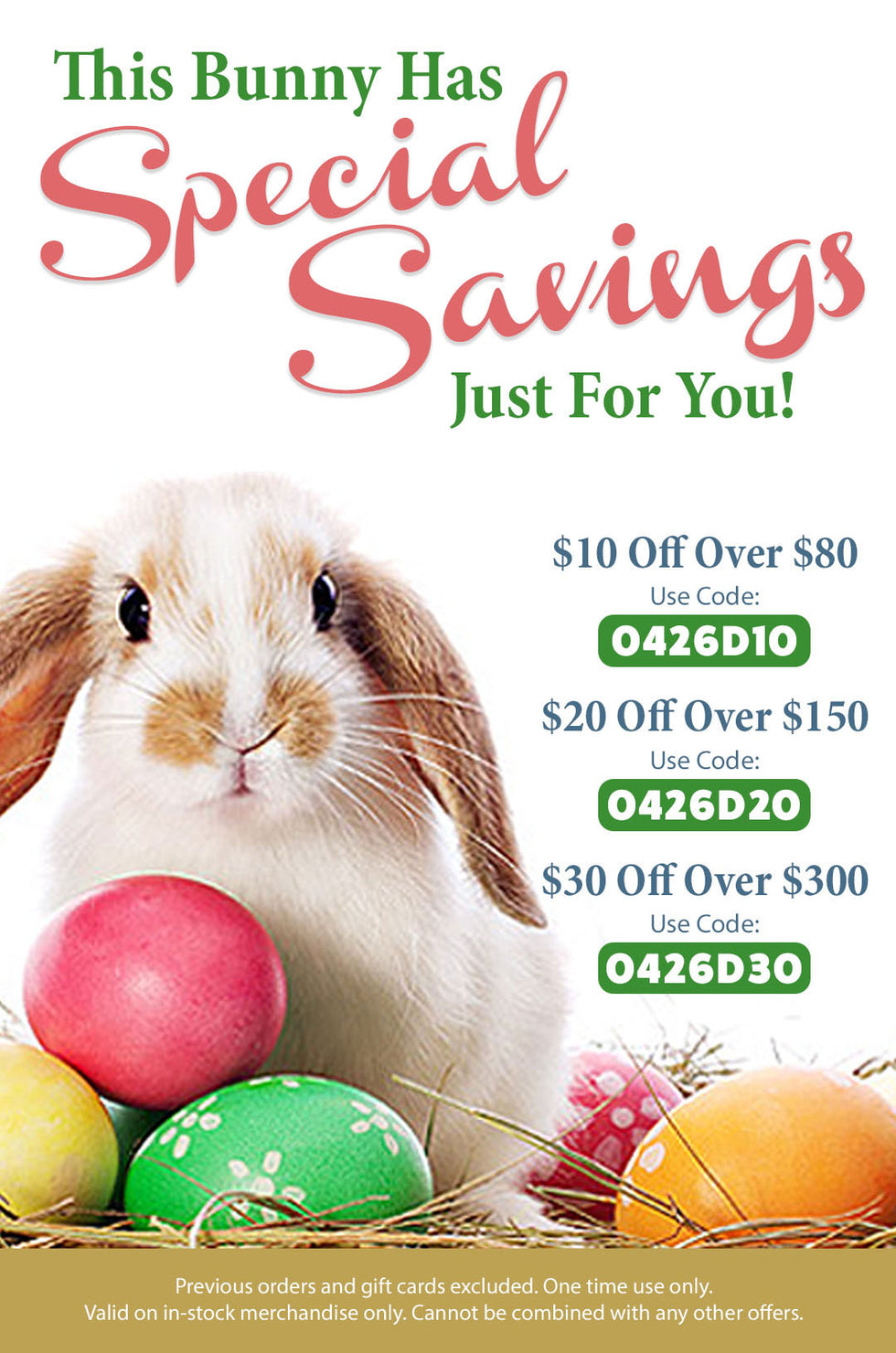 Promotional flyer with a rabbit and Easter eggs, featuring special savings offers.