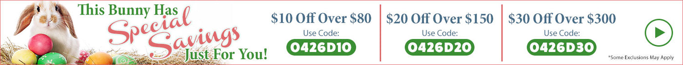 Promotional banner with Easter-themed text and graphics, featuring a bunny and eggs.