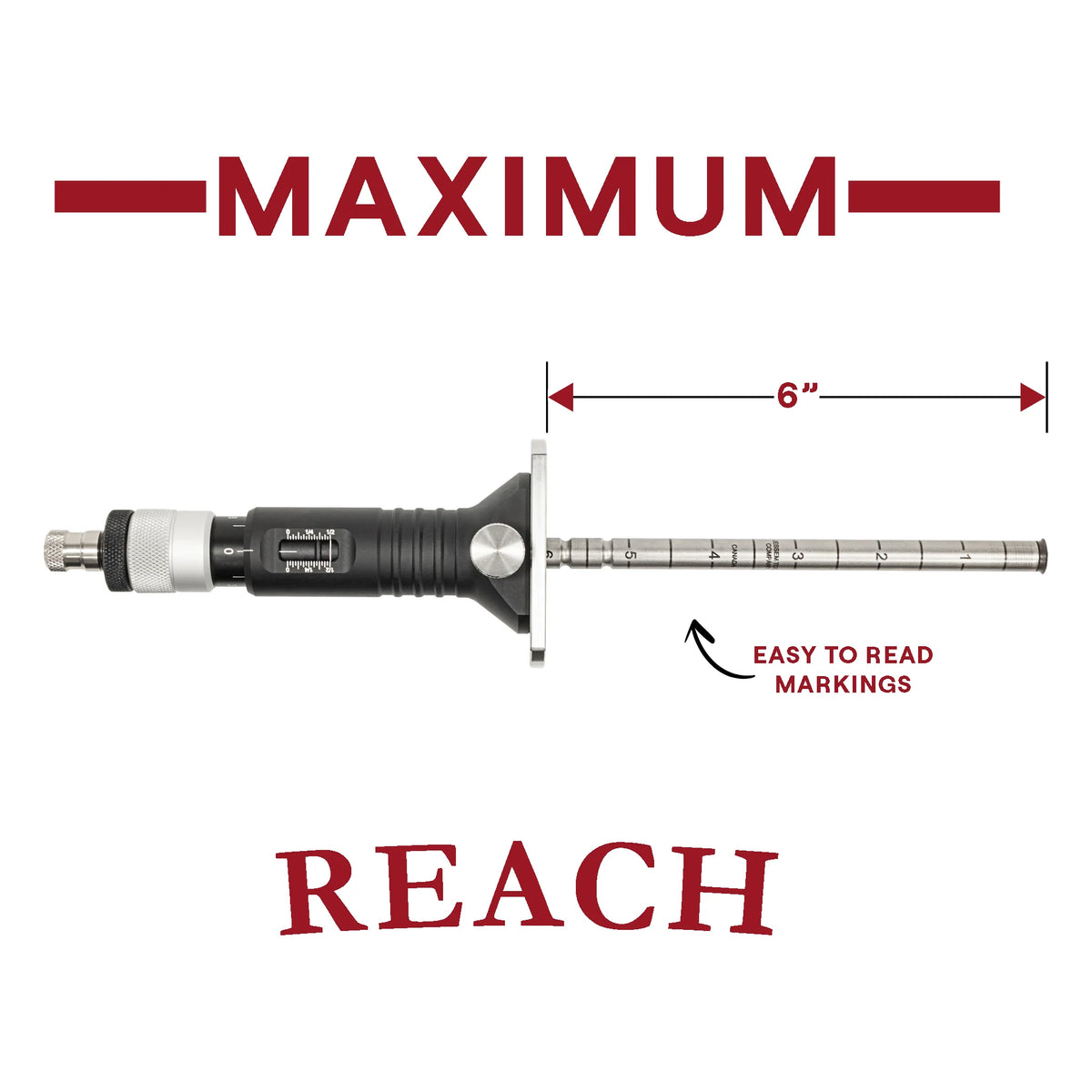 Feature graphic showing the JessEm Wood Sabre II marking gauge's 6-inch maximum reach and easy-to-read markings
